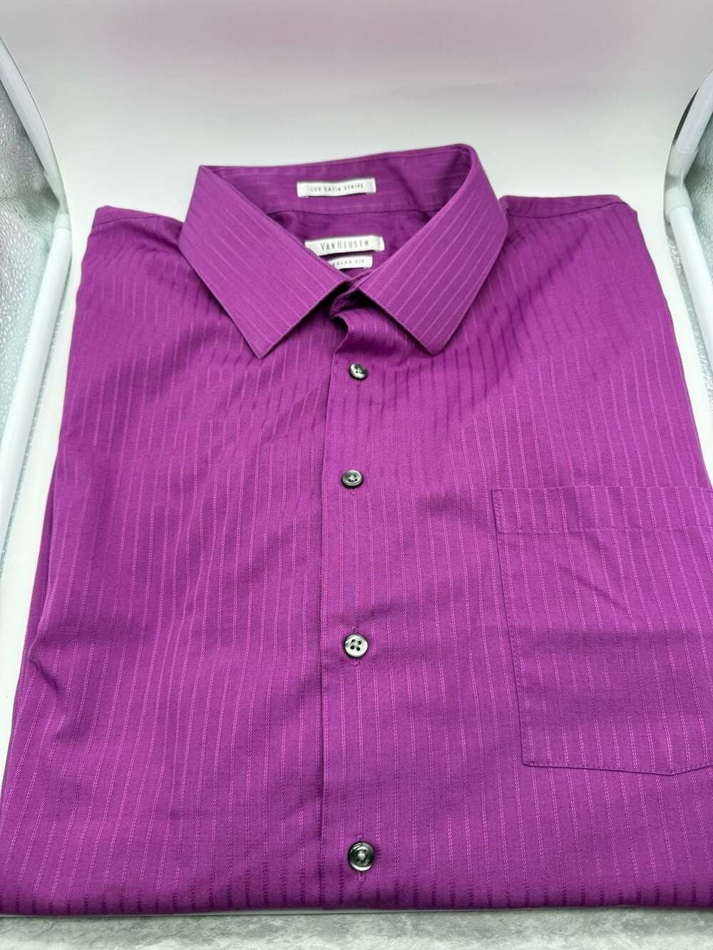 Van Heusen Lux Satin Stripe Regular Fit Wrinkle Free Dress Shirt, Size 17 32/33